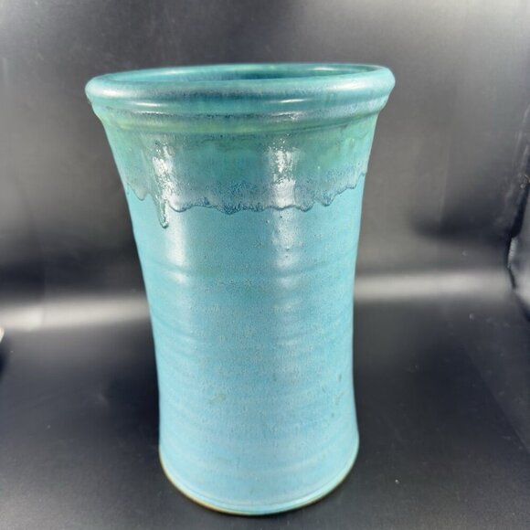1995 Galena Pottery Company Large Heavy Vase Vessel Turquoise Drip Glaze Signed - Picture 10 of 16